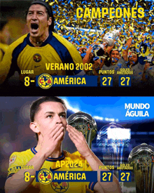 a soccer player holding a trophy with the word campeones on it