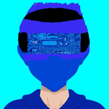 a drawing of a person wearing a blue helmet