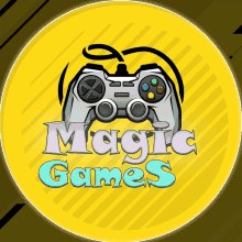 a logo for magic games shows a video game controller on a yellow background