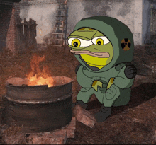 a cartoon of a frog with a nuclear symbol on his helmet