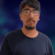 a man wearing glasses and a black shirt is making a gesture