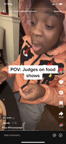 a screenshot of a tiktok video that says " pov judges on food shows "