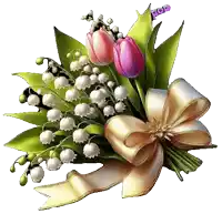 a bouquet of lily of the valley flowers and pink tulips