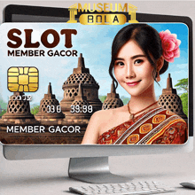 a woman with a flower in her hair is on a computer screen with a slot member gacor card