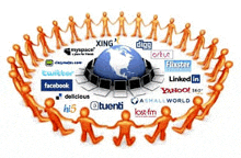 a group of people are holding hands around a globe surrounded by logos for social media sites