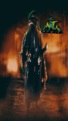 a painting of a plague doctor with a nxt logo in the corner