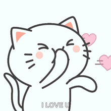 a cartoon cat is blowing kisses with pink hearts coming out of its mouth .