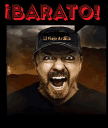 a man with a beard wearing a hat with the word barato on it