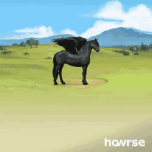 a black horse with wings is standing in a grassy field with the word hawrse below it