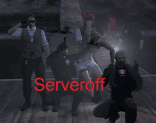 a group of men are posing for a picture with the word serveroff written in red