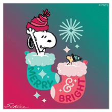 snoopy is wearing a red hat and sitting in a merry and bright christmas stocking