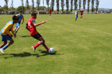 soccer players on a field with one wearing number 11