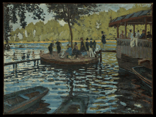 a painting of people in boats on a lake with a sign that says " suzanna "