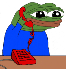 a cartoon of a frog talking on a red phone