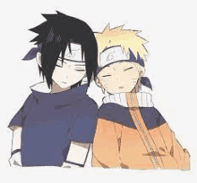 a couple of anime characters , sasuke and naruto , are standing next to each other .