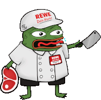 a cartoon frog is wearing a rewe hat and holding a knife and a steak .