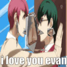 a picture of two anime characters with the words i love you evan on the bottom