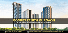 an advertisement for godrej zenith gurgaon shows a row of skyscrapers