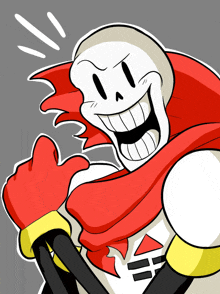 a cartoon drawing of a skeleton with a red cape giving a thumbs up