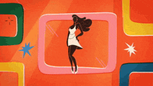 an illustration of a woman in a white dress dancing in a pink frame