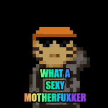 a pixel art character that says what a sexy motherfukker