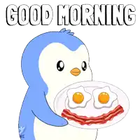 a penguin holding a plate of eggs and bacon with the words good morning above it