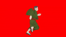 a man in a green kimono is running on a red screen