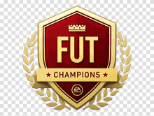 a red and gold fut champions emblem with a laurel wreath around it