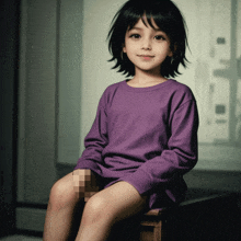 a little girl in a purple shirt is sitting on a wooden stool