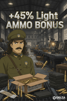 an advertisement for delta tactical supply shows a man holding a box of ammo