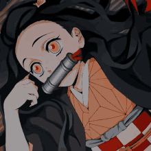 a close up of a girl with red eyes holding a sword in her mouth