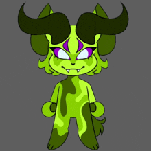 a cartoon drawing of a green monster with purple eyes and horns