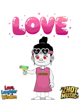 a girl in a pink dress is holding a gun with the word love behind her