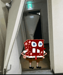 a picture of spongebob standing in a doorway with a green exit sign behind him