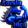 a blue unicorn with a rainbow mane and tail is flexing its muscles in a logo for fondo hiro .