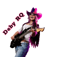 a woman in a pink cowboy hat is holding a guitar with the name deby rq below her