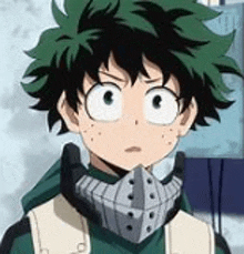 izuku midoriya from my hero academia is wearing a mask and a backpack .