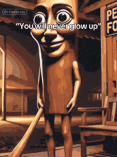 a cartoon drawing of a wooden man with the words " you will never glow up " at the bottom