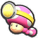 a pink mushroom with a yellow band around its head is wearing a helmet .