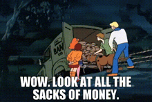 scooby doo is looking at all the sacks of money in a cartoon