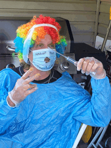 a man in a clown costume holding a syringe and a spoon