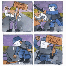 a comic strip shows a man holding a sign that says salario digno