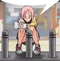 a pink haired anime girl is kneeling on a pole holding a bottle of water .