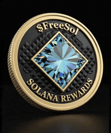 a gold coin with a diamond in the center that says freesol solana rewards