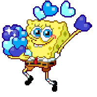 a pixel art drawing of spongebob holding hearts