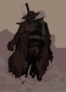 a drawing of a man in a cowboy hat and coat