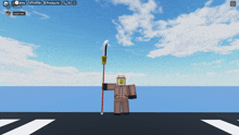 a roblox character is holding a spear with a smiley face on his face