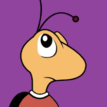 a cartoon ant with a purple background looks up at something