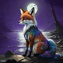 a colorful fox is sitting on a rock in front of a body of water at night .