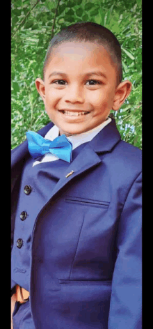 a young boy wearing a blue suit and blue bow tie is smiling .